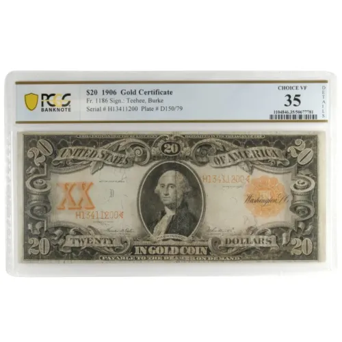 1906 US $20 Gold Certificate - PCGS Choice Very Fine 35 Details Repaired