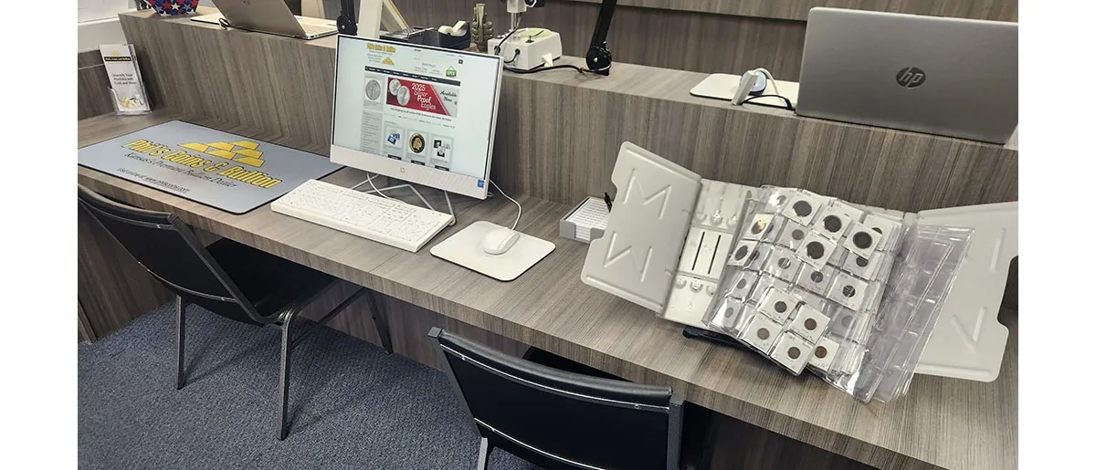 We have areas that you can sit down and look at our selection of collectible coins or you can find our items also on our website at www.philscoins.com