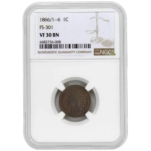 1866/1--6 Indian Head Penny PF-301 - NGC VF 30 BN