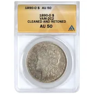 1890 O Morgan Dollar Vam 2c2 - ANACS AU50 Cleaned & Retoned