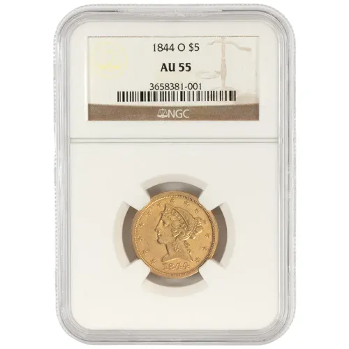 1844 O Liberty $5 Gold Half Eagle - NGC AU55