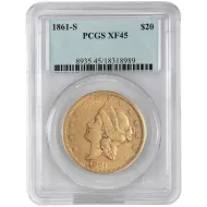 1861 S $20 Gold Liberty Double Eagle - PCGS XF45