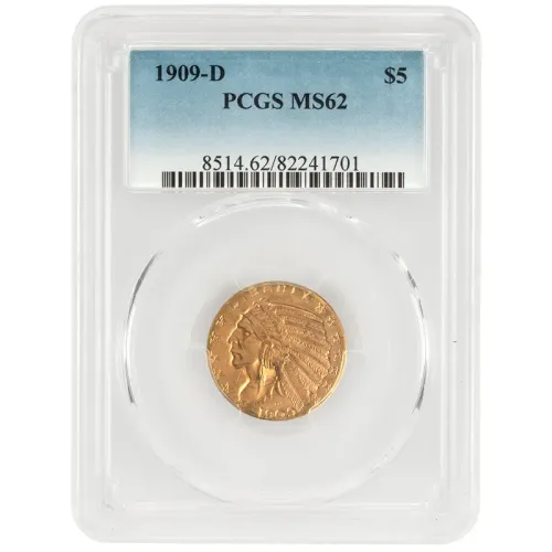 1909 D $5 Indian Gold Half Eagle - PCGS MS62