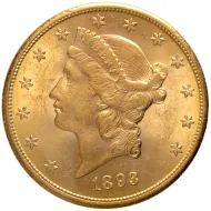 1893 S $20 Gold Liberty Double Eagle - Almost Uncirculated